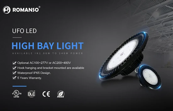 Romanso Industrial LED High Bay Light 100W 150W 200W 240W 300W 400W 500W UFO LED High Bay Light Iluminación LED UFO 3000-6000K para almacén IP65 a prueba de agua